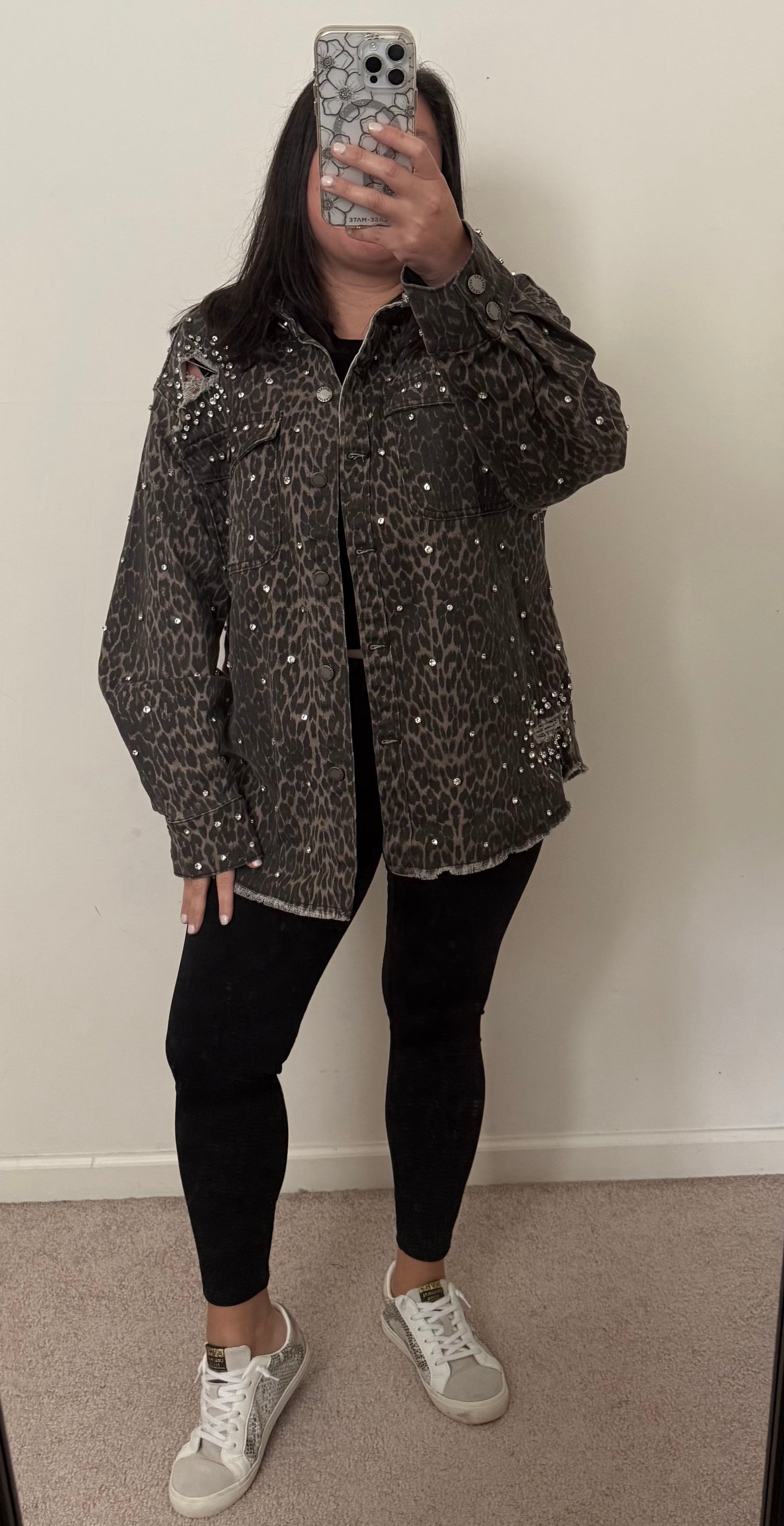 Rhinestone Leopard Denim Jacket