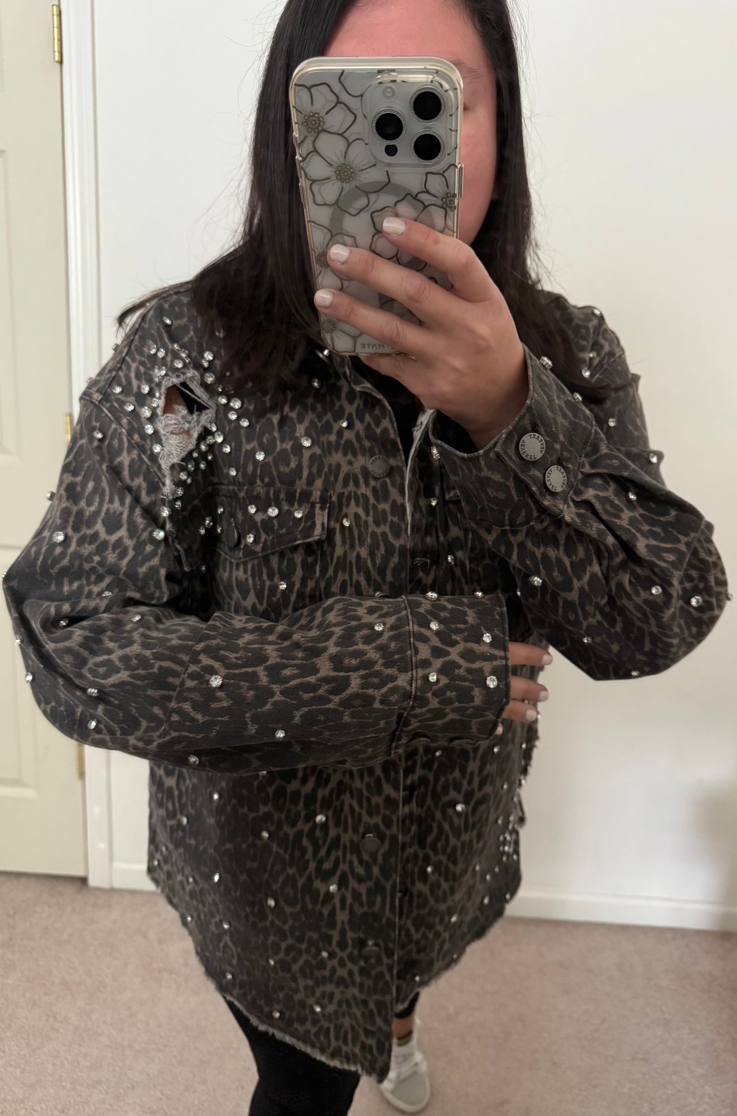Rhinestone Leopard Denim Jacket