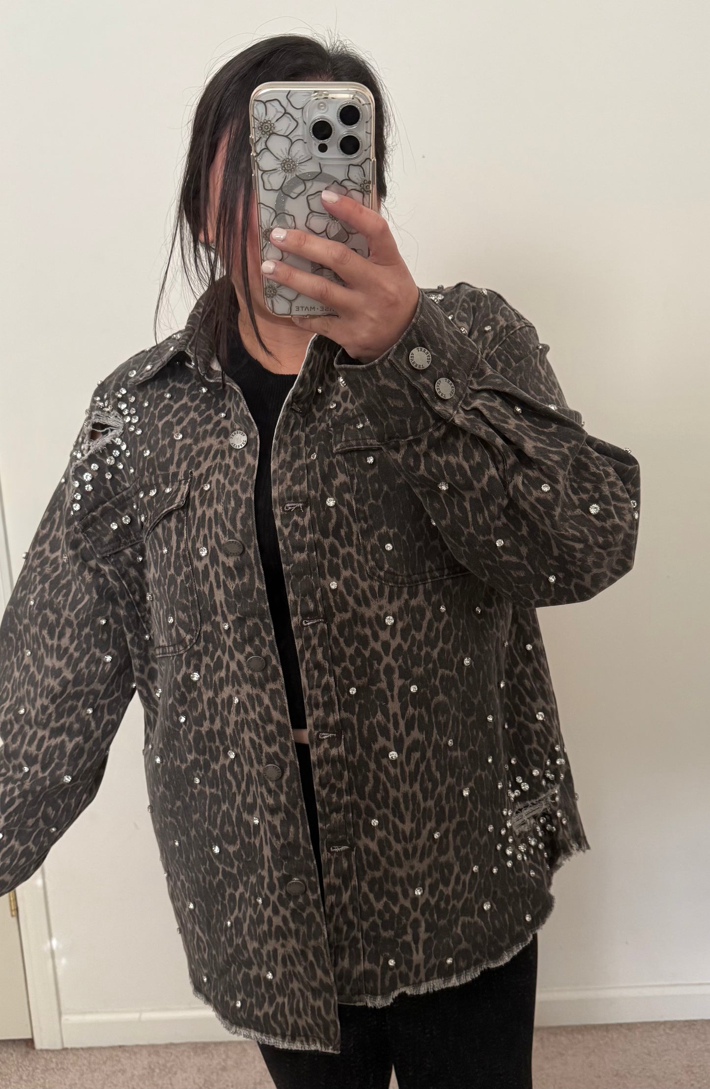 Rhinestone Leopard Denim Jacket