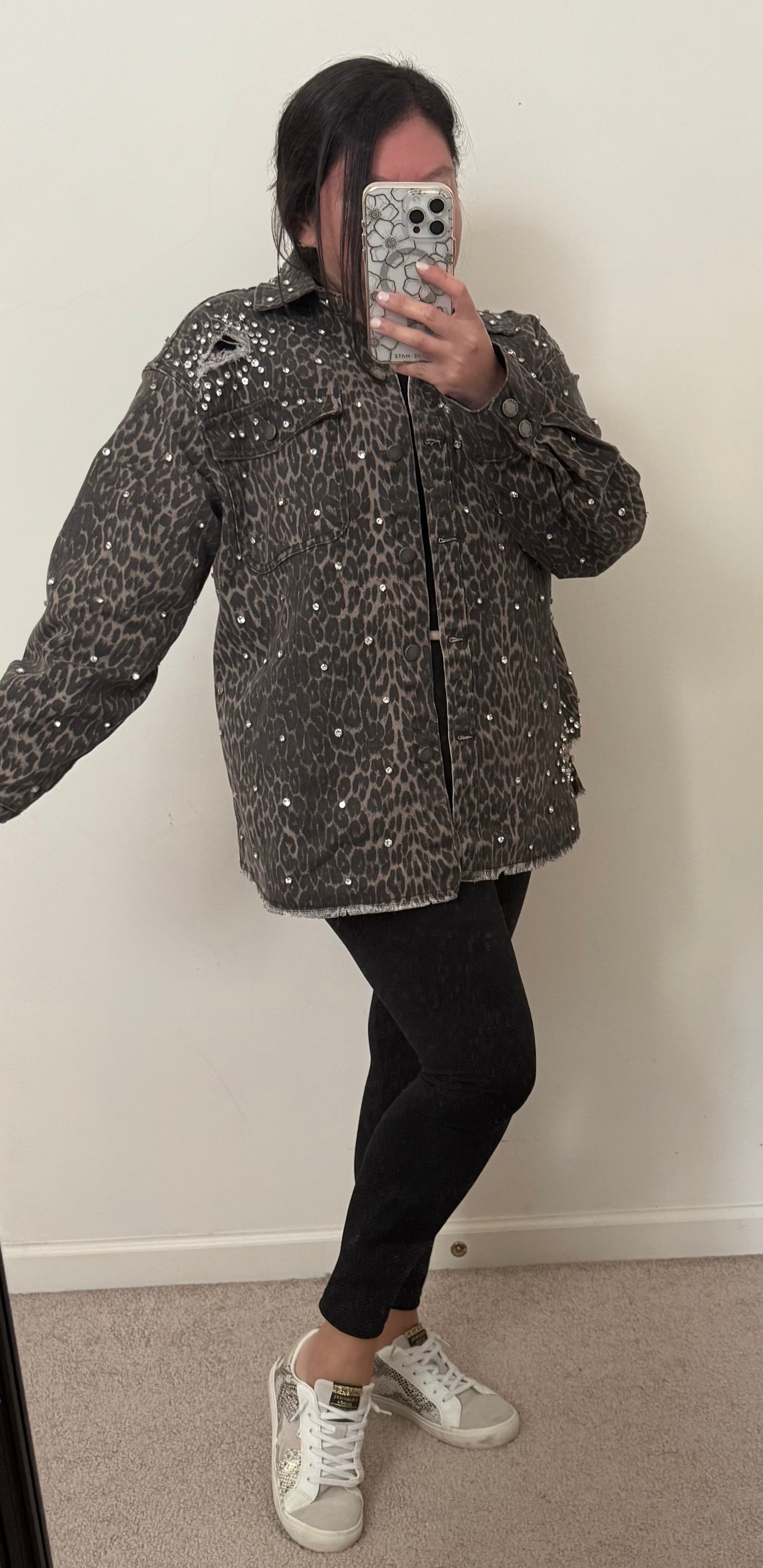 Rhinestone Leopard Denim Jacket
