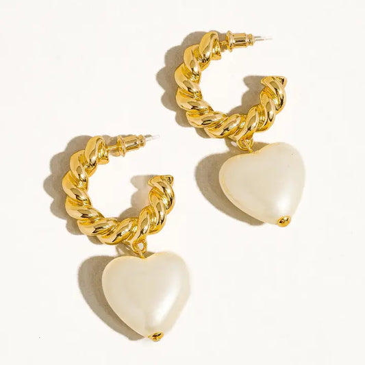 Braided C-Hoop Pearl Heart Earring