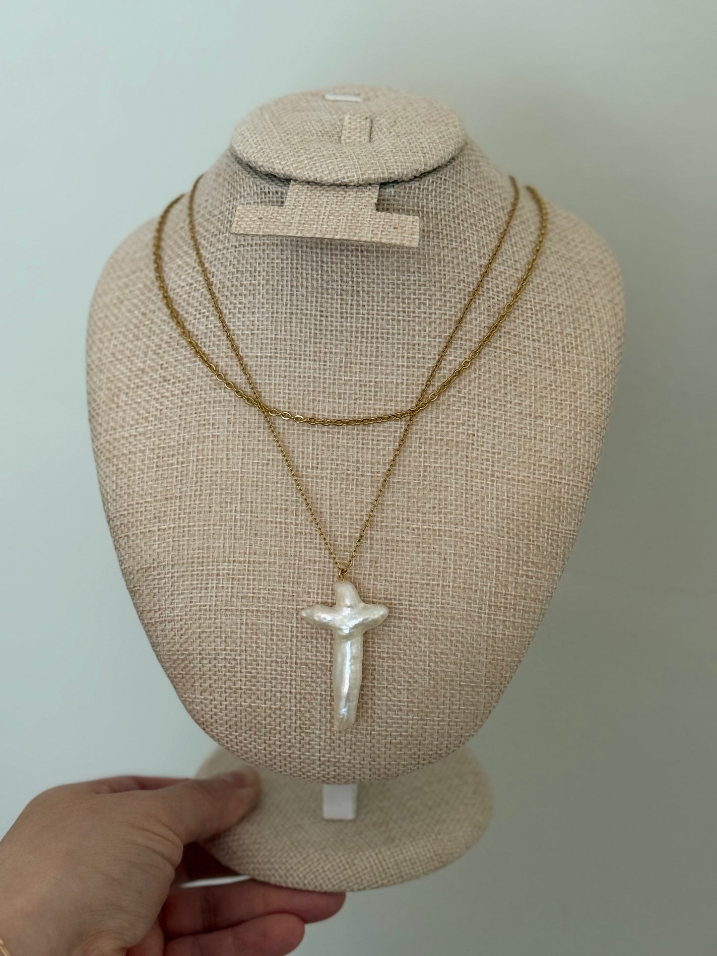 Double Layer Pearl Cross Necklace
