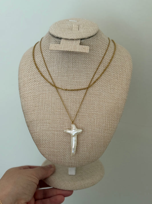 Double Layer Pearl Cross Necklace