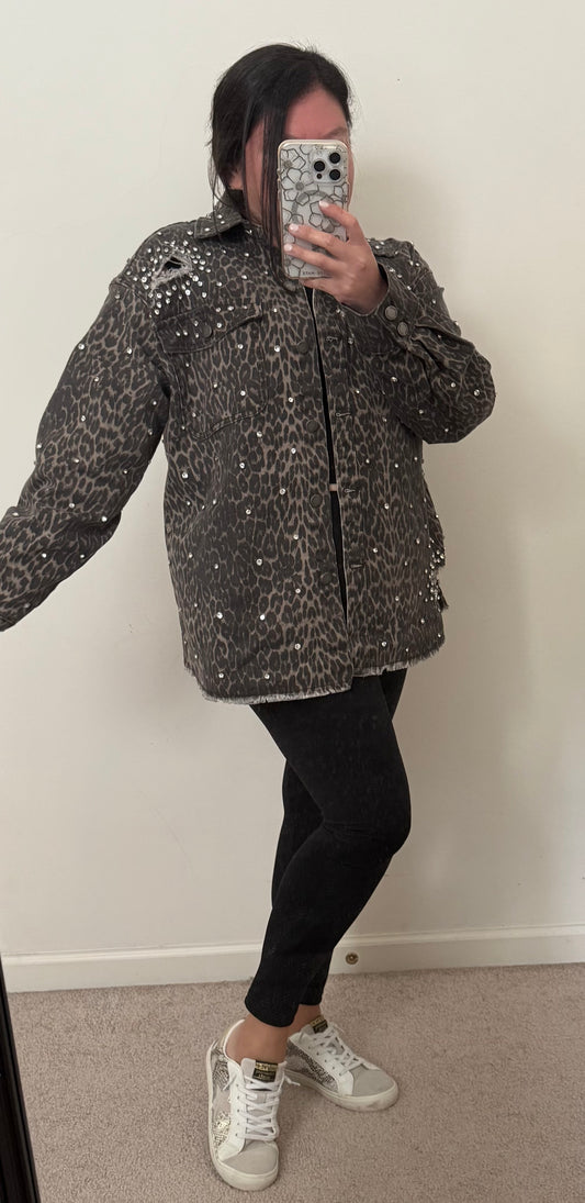 Rhinestone Leopard Denim Jacket